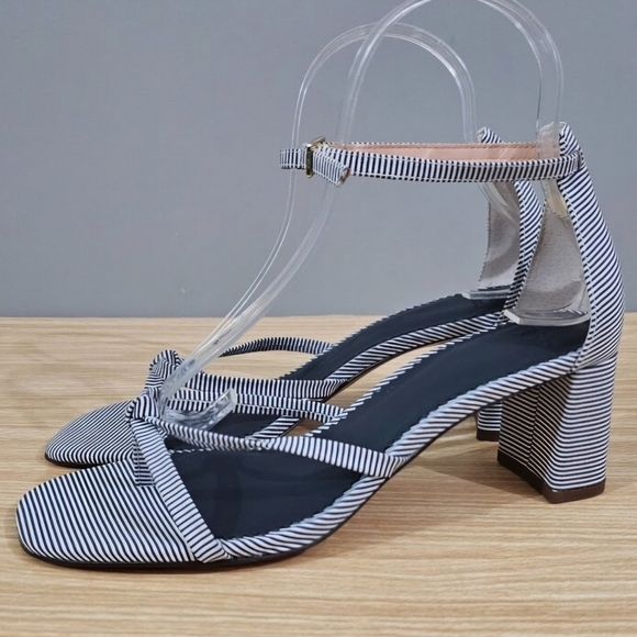 J Crew Sandal Cross Strap Block Heel Blue White Stripe Shoe Womens Size 7 - Picture 1 of 13